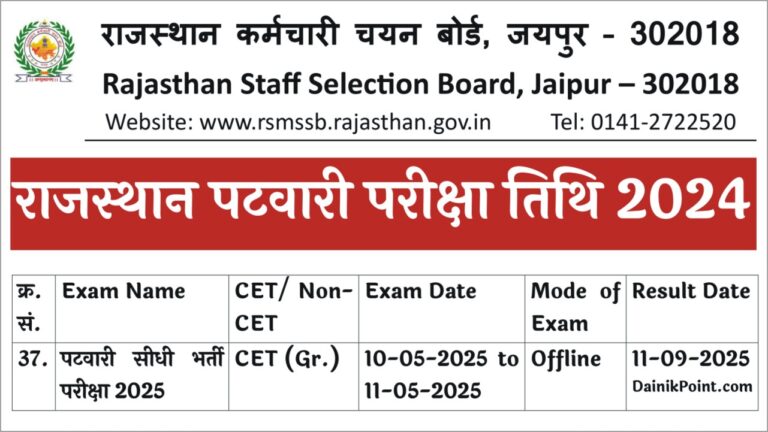 RSMSSB Patwari Exam Date 2024