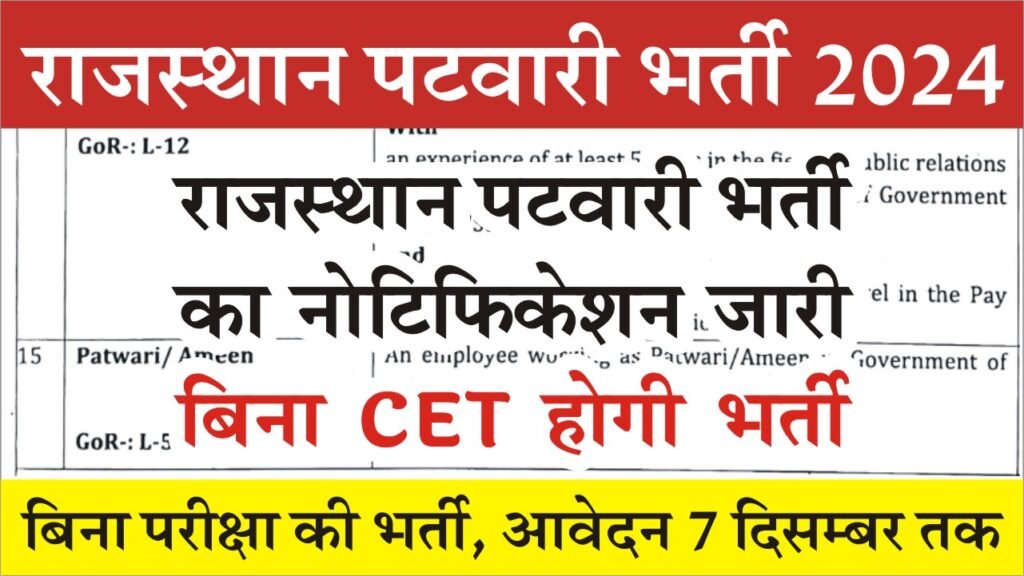 Rajasthan JMRC Patwari Vacancy 2024